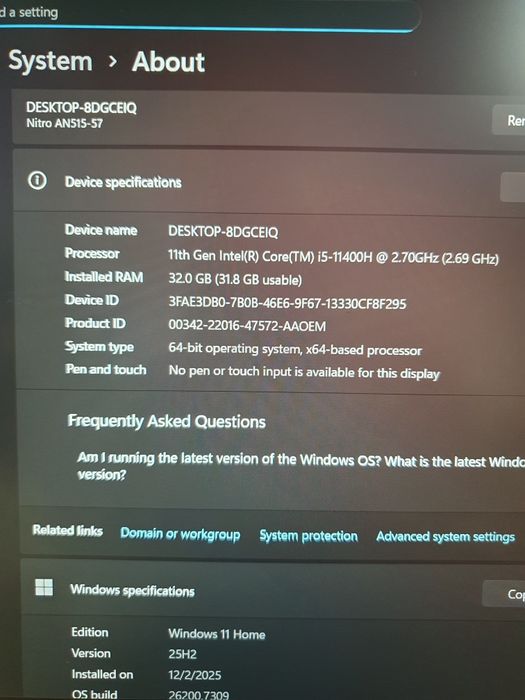 Acer Nitro,Ecran15 "144Mhz,Cpu i5,Ram 32gb,SSD-uri 1.5 Tera,Nvidia RTX
