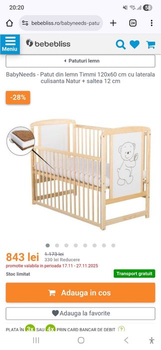 Patut din lemn in stare foarte buna 120x60 cm, inclusiv saltea