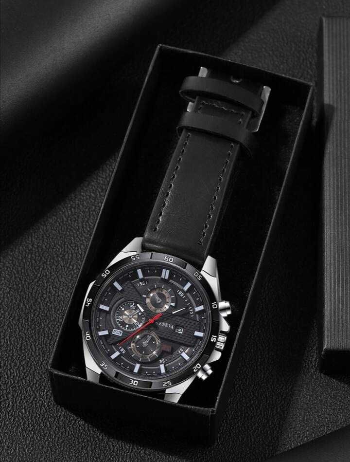 Комплект мъжки водоустойчив часовник с кожена гривна в кутия  подарък