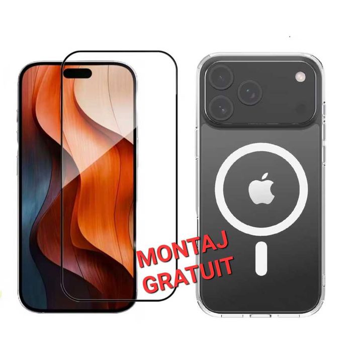 Set - Folie de Sticla + Husa MagSafe iPhone 12 13 14 15 16 17 Pro Max