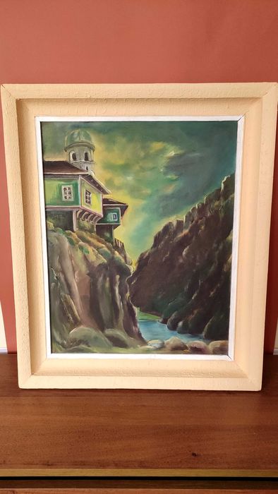 Стара рисувана върху фазер картина в обемна дървена рамка