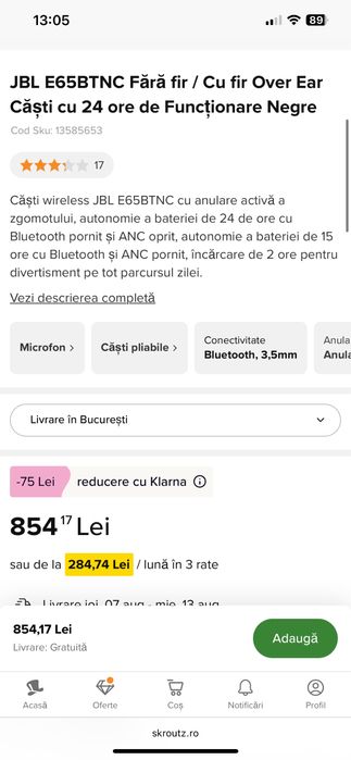 casti JBL E65BTNC anulate zgomot originale