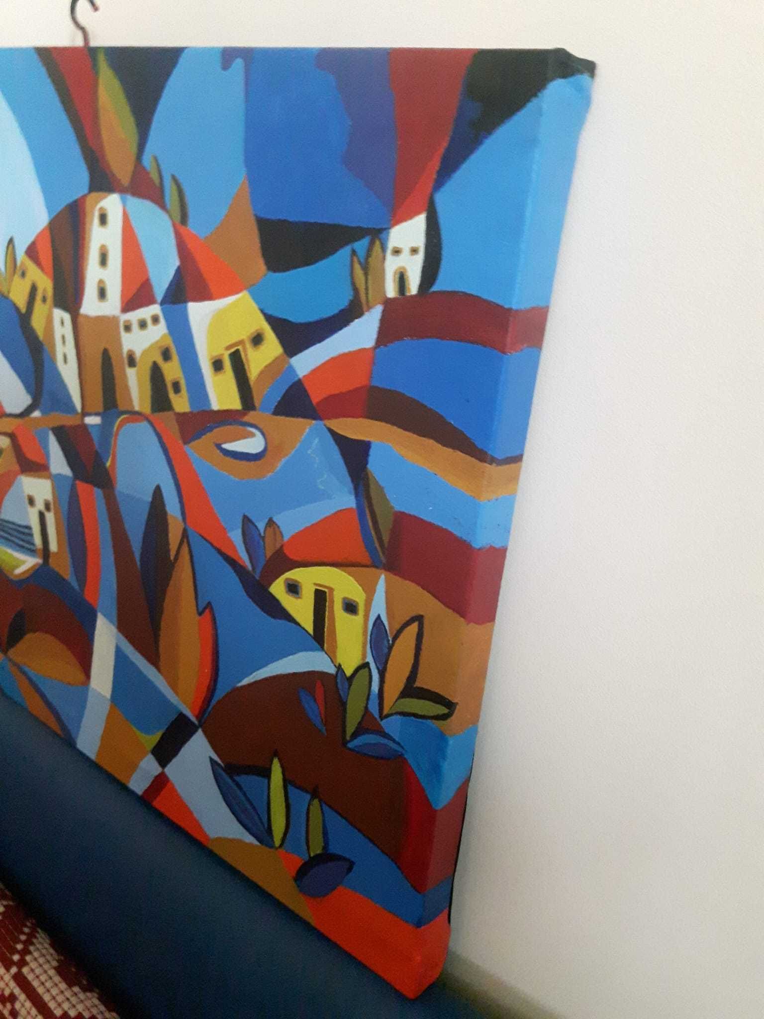 Pictura culori acrilice pe panza 60x47 cm–Peisaj abstract al unui sat