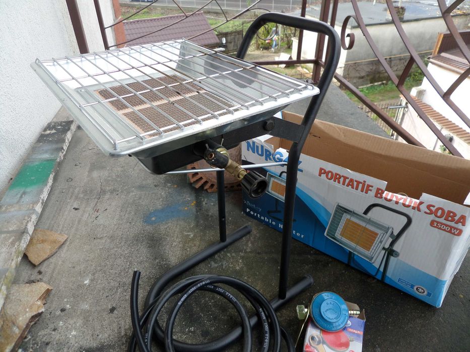 Incalzitor,soba,resou pe gaz cu suport, ceas de butelie, furtun, nou