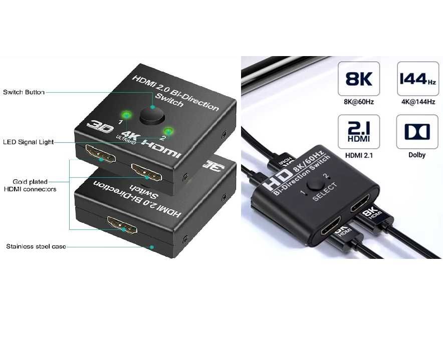 HDMI 1 to 2 / 2 to 1 Splitter UHD 8К, 4K без доп. питания