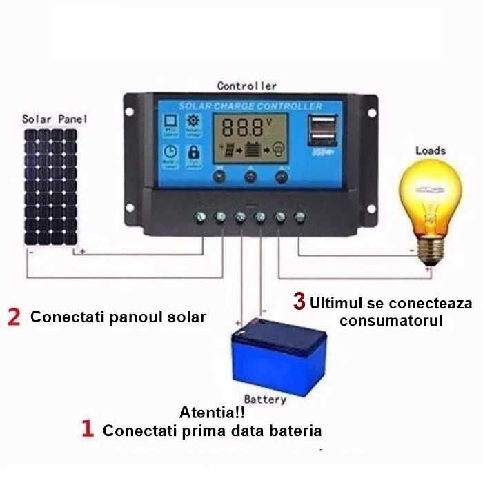 Regulator Controler Solar PWM 10A 20A 30A 60A 12V24V, 2 X USB Si LCD