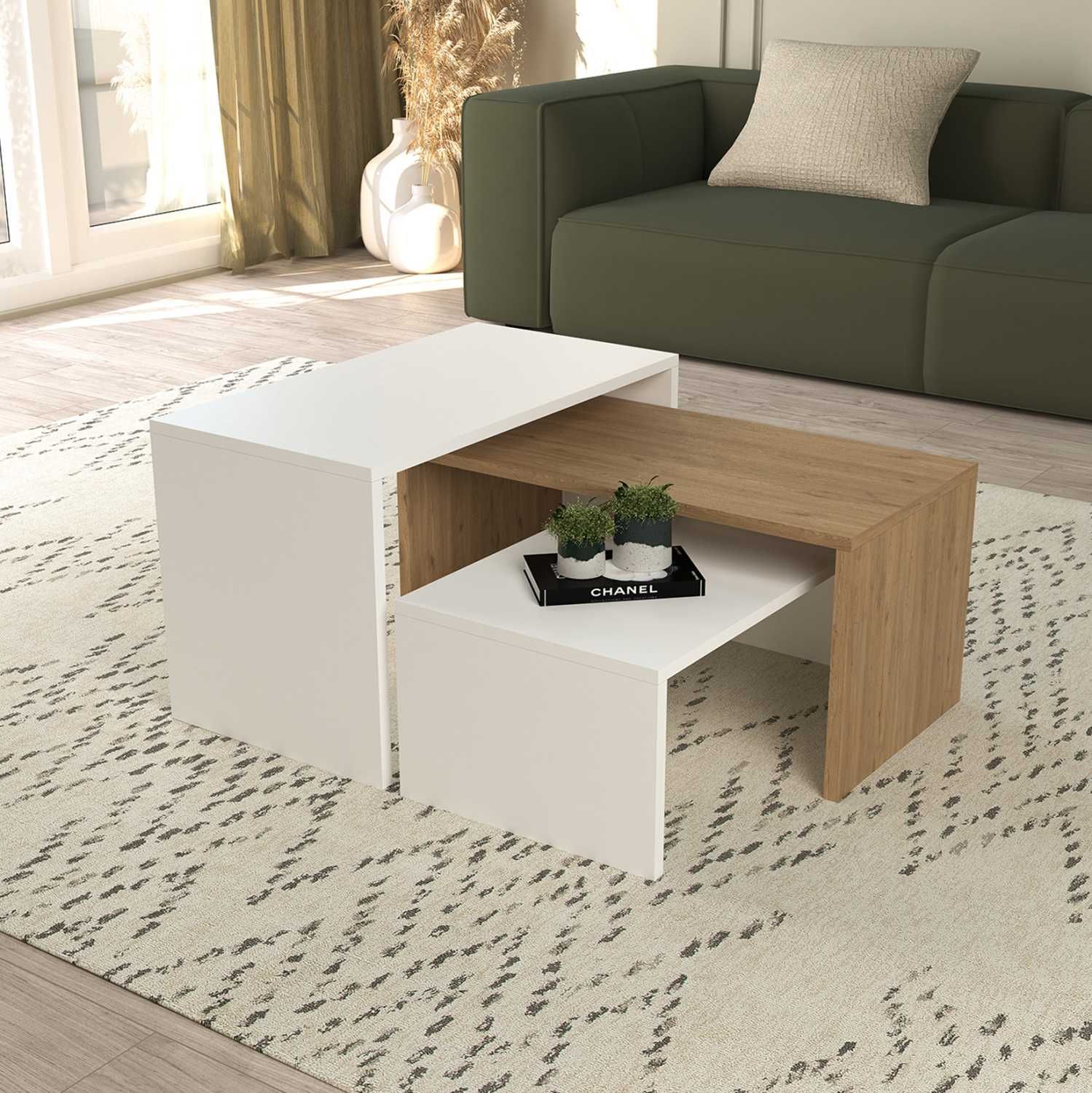Комплект холни масички Puzzle-home HM9444, ПДЧ, Сонома - бял, 65x35x45