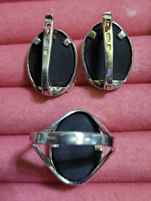 Set argint, cercei si inel, Onix  aur de 9k zirconii