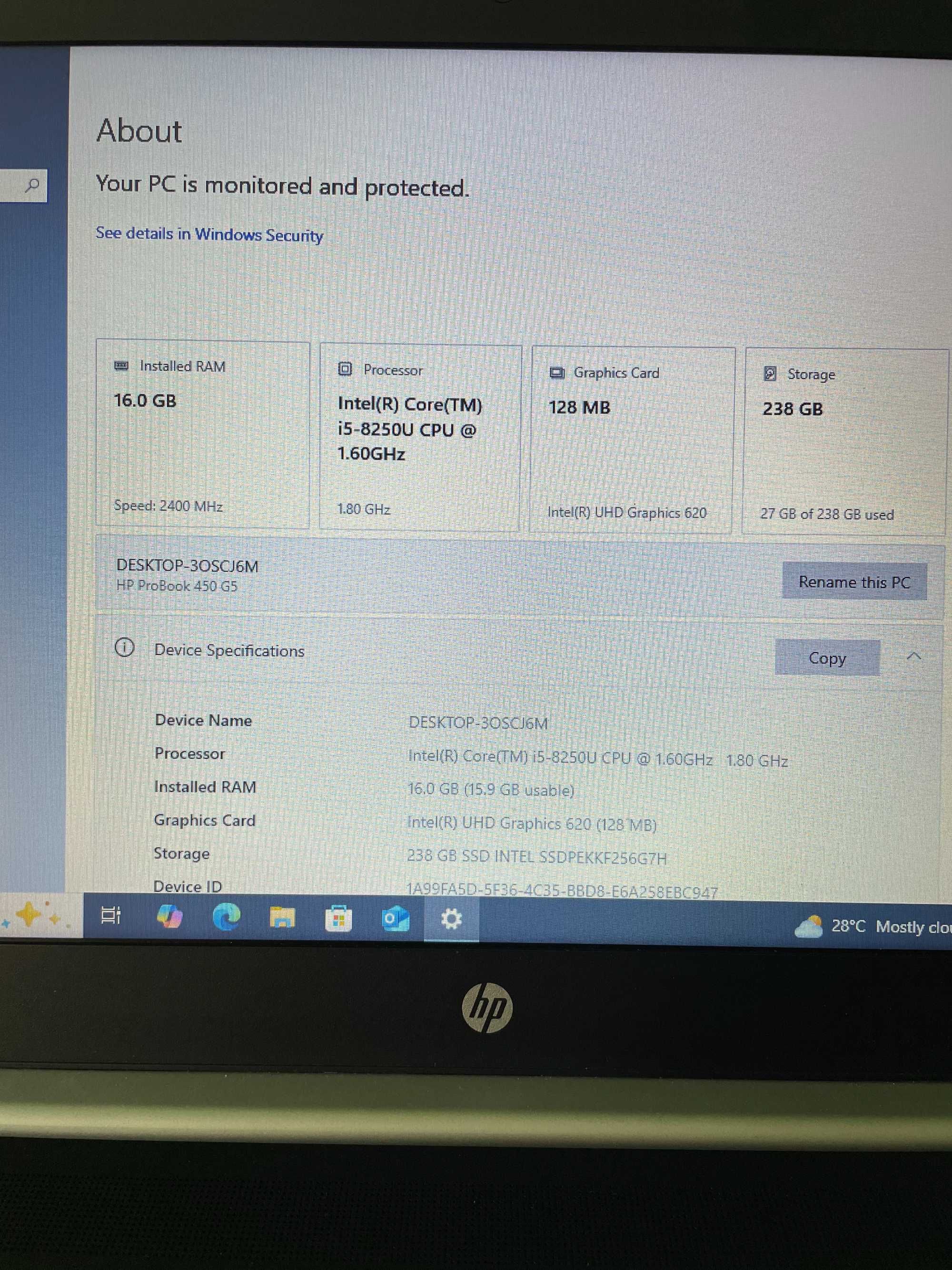 HP ProBook G5 - 16GB RAM, i5-8250U, 256GB NVMe SSD PCle, 15.6'' inch