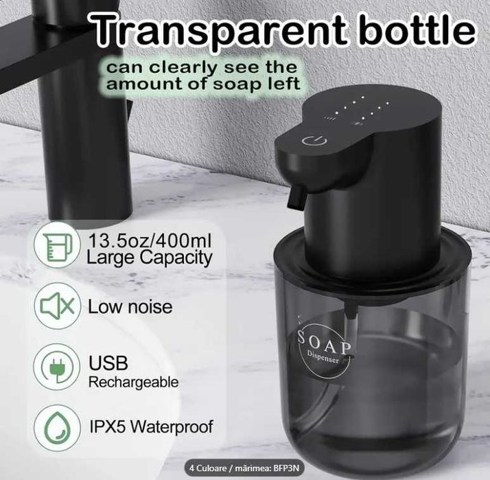 Dispenser de sapun spuma/lichid, automat, senzor, reincarcabil, IPX5