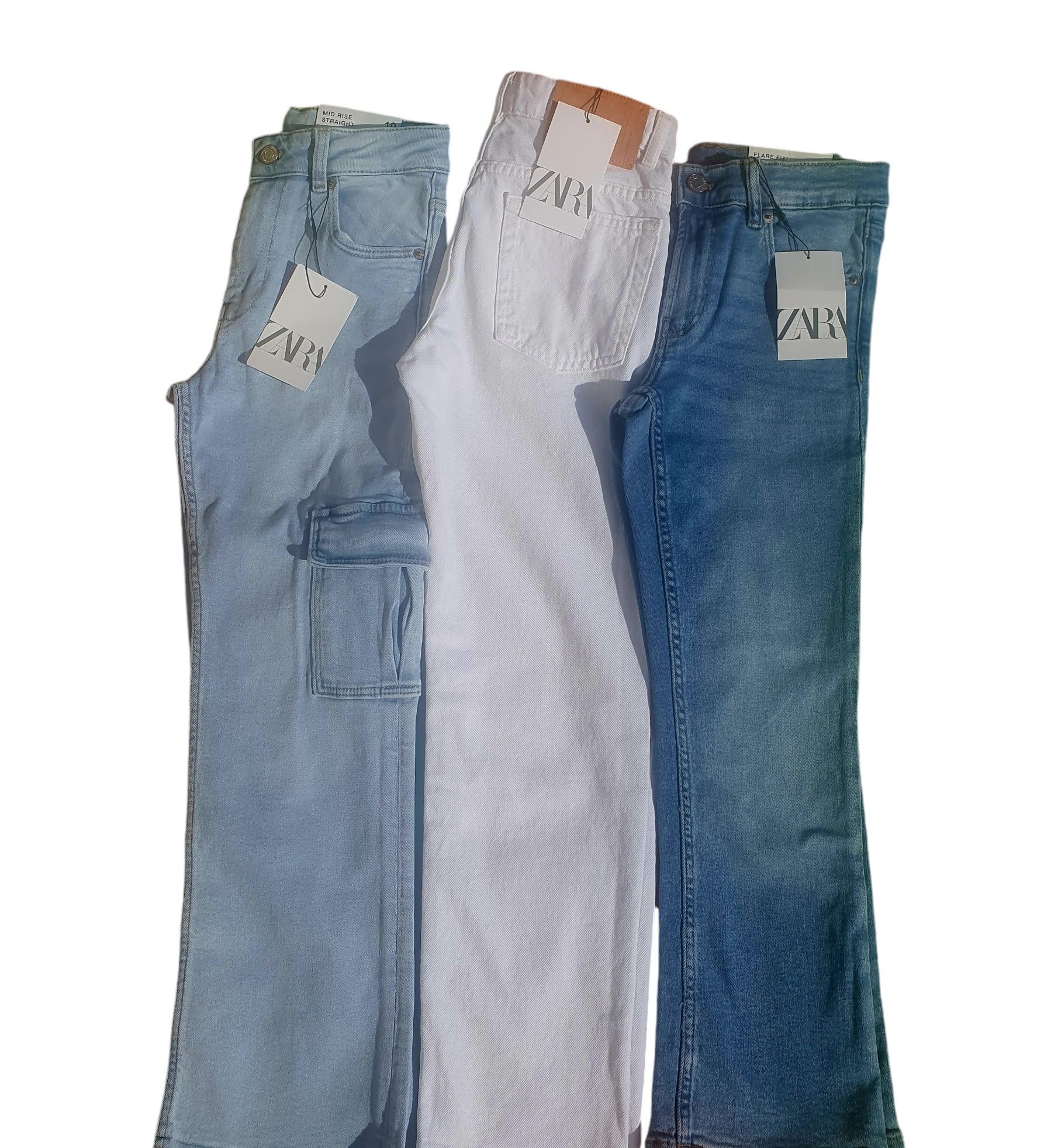 Blugi noi 10 ani Zara, 140, cu etichetă, fete, alb, cargo, evazati