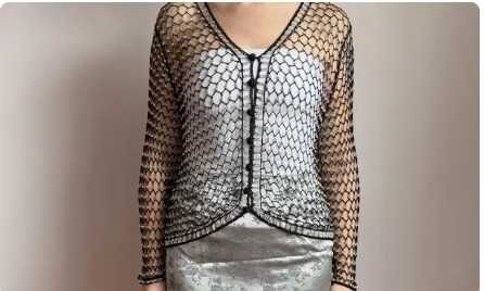Винтажная женская черно серая блузка кофта кардиган сеточка с бисером