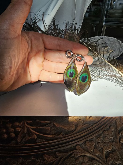 Ръчно изработени, регулируеми гривна и пръстен и обеци с паунови пера,