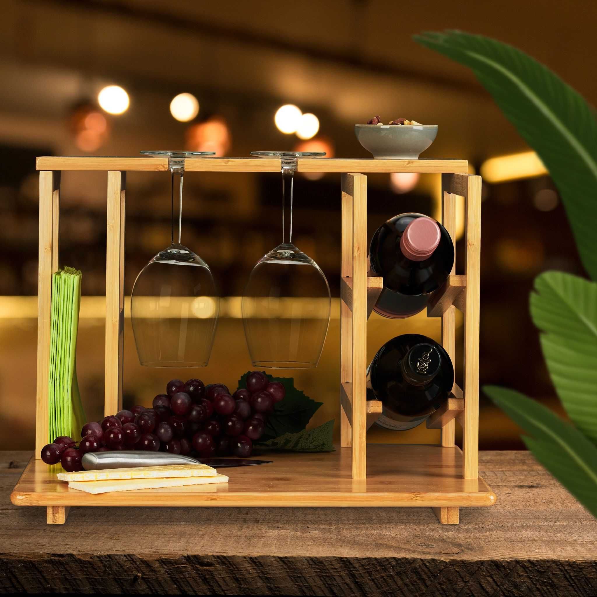 Platou servire aperitive si vin bambus suport sticle pahare 26x40x33cm