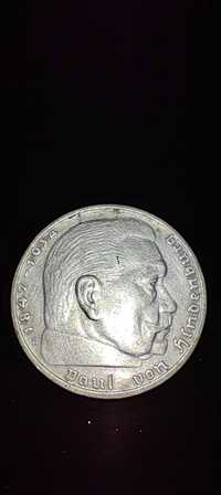 Гинденбург. Монета 2 рейхсмарки. 1937 (D) год, Третий Рейх (Германия).