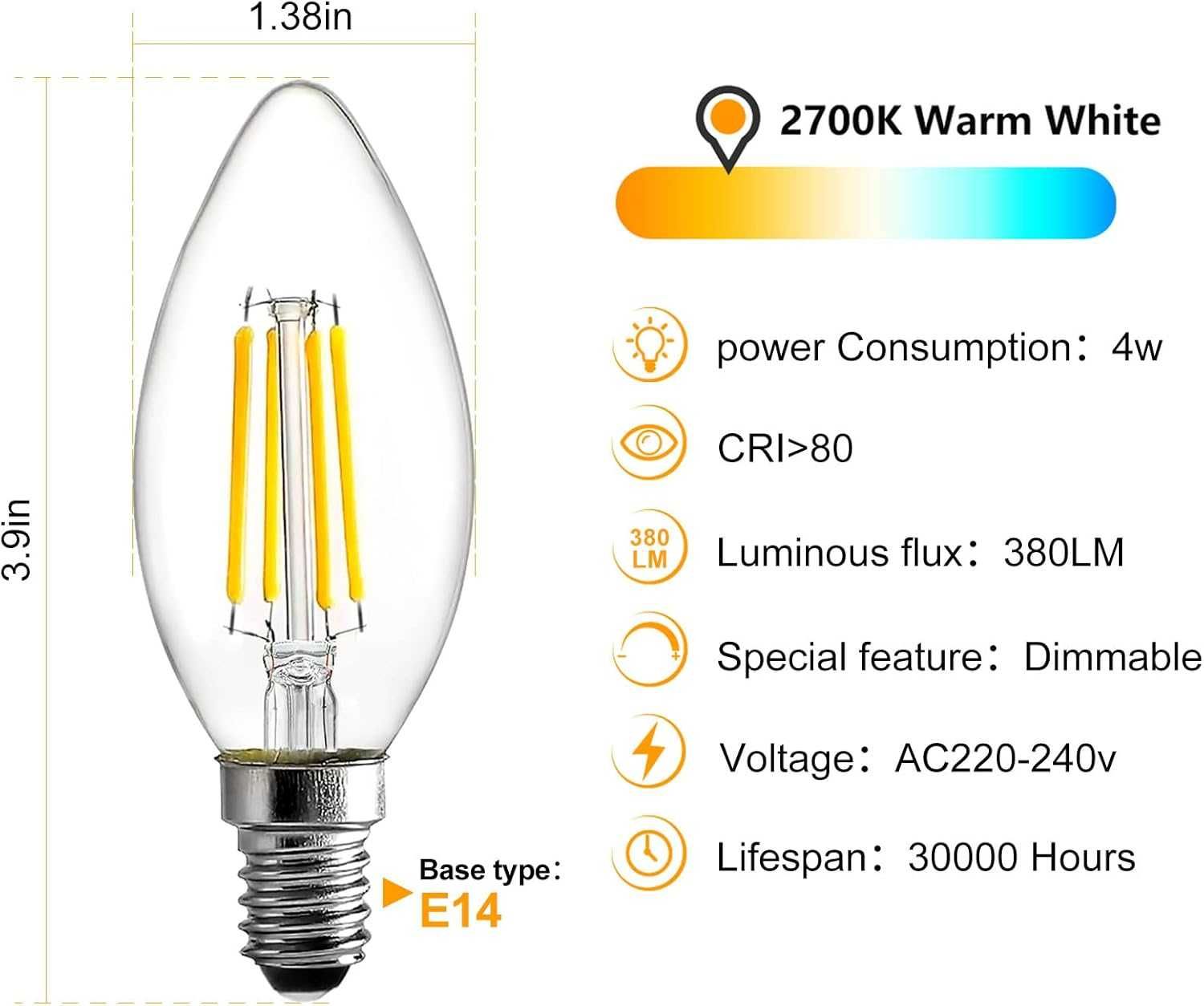 НОВ! Комплект 10 бр. LED крушки E14 4W, димиращи