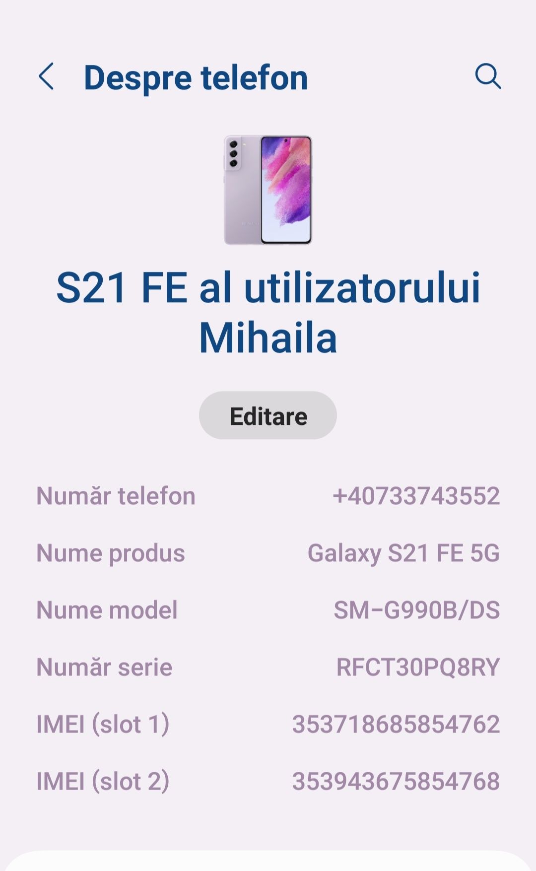 Vând telefon Samsung Galaxy S21 5G FE 128GB,Lavender