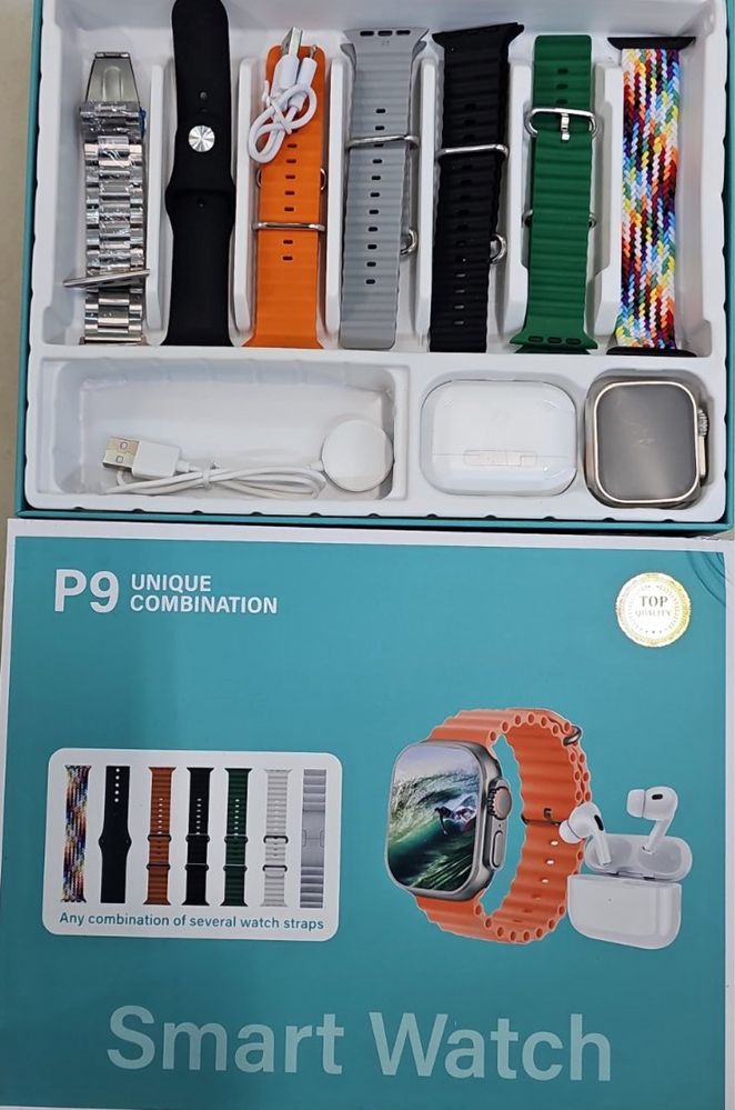 КОМПЛЕКТ Смарт часовник P9 с безжични слушалки и 7 различни каишки
