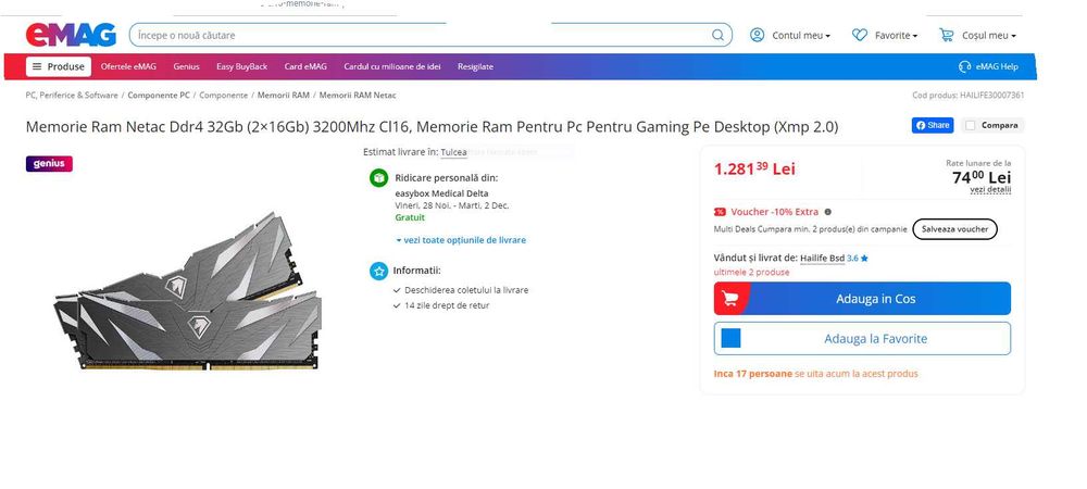 Memorie Ram(Nou/Sigilat)Netac Ddr4 32Gb3200Mhz,Ram Pentru Pc Gaming