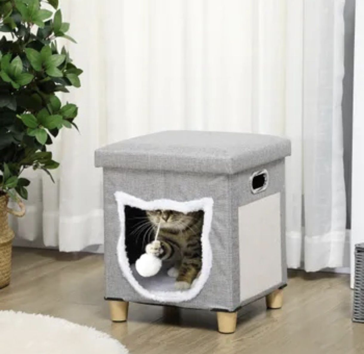 Котешка къща PawHut Сив MDF, с (100% полиестер), плюш и сизал