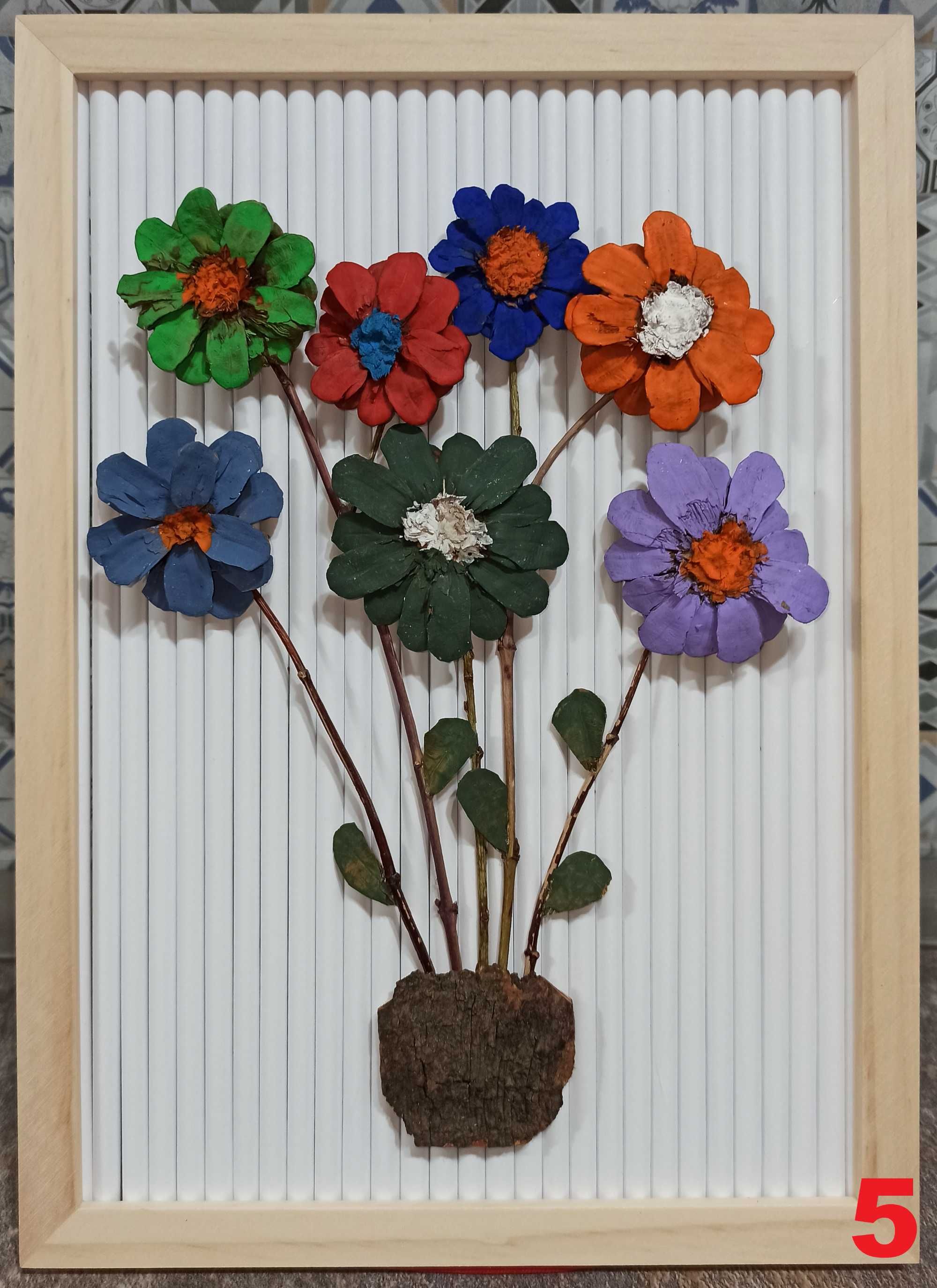 Tablou flori conuri pin, artizanat, handmade