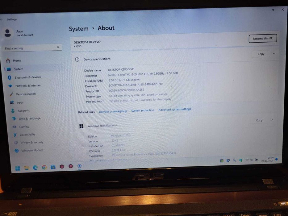 Asus K53SD 15.6" Core i5-2450M 2.5Ghz 8Gb DDR3 240Gb SSD Video GF610M