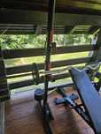 Set bodybuilding complet rack, bancă, 3 bare, discuri, gantere