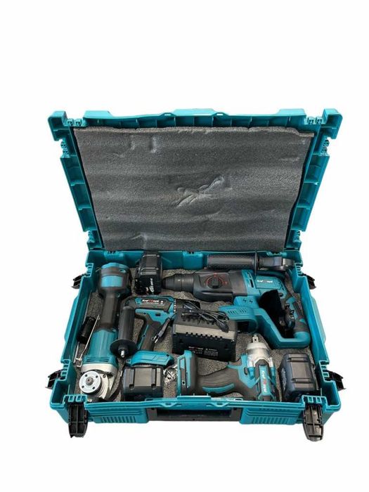 Комплект от акумулаторен перфоратор, ъглошлайф 125 мм, гайковерт