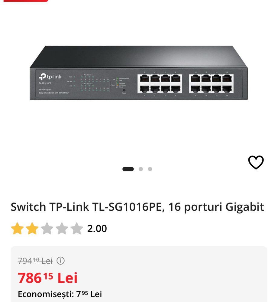 Switch TP-Link TL-SG1016PE, 16 porturi Gigabit, sigilat, OCAZIE