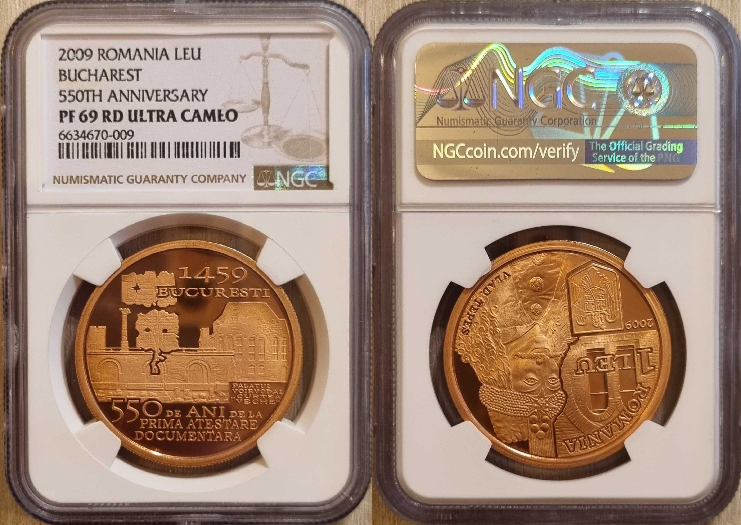 Moneda BNR 1 leu tombac Vlad Tepes gradata NGC PF 69 UC