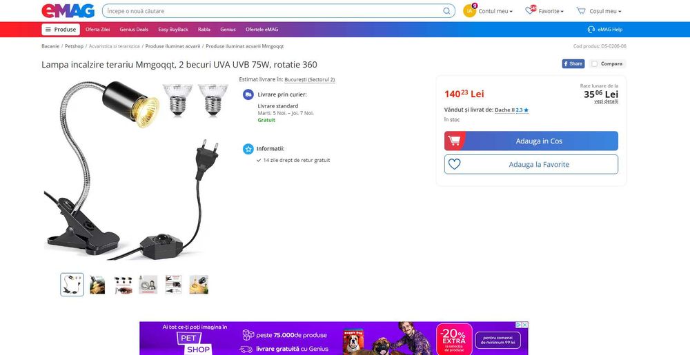 Lampa caldura - reptile/amfibieni/rozatoare, REDUS de la 140RON