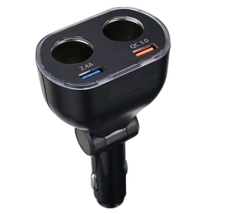 Зарядно Разклонител за запалка с 2 гнезда, 2 USB, Волтметър А3644