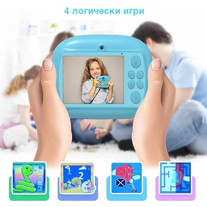 Детски фотоапарат с принтер 2.4 инчов екран, игри, хартия, син и розов