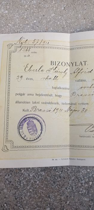 Document vechi, Brașov 1911