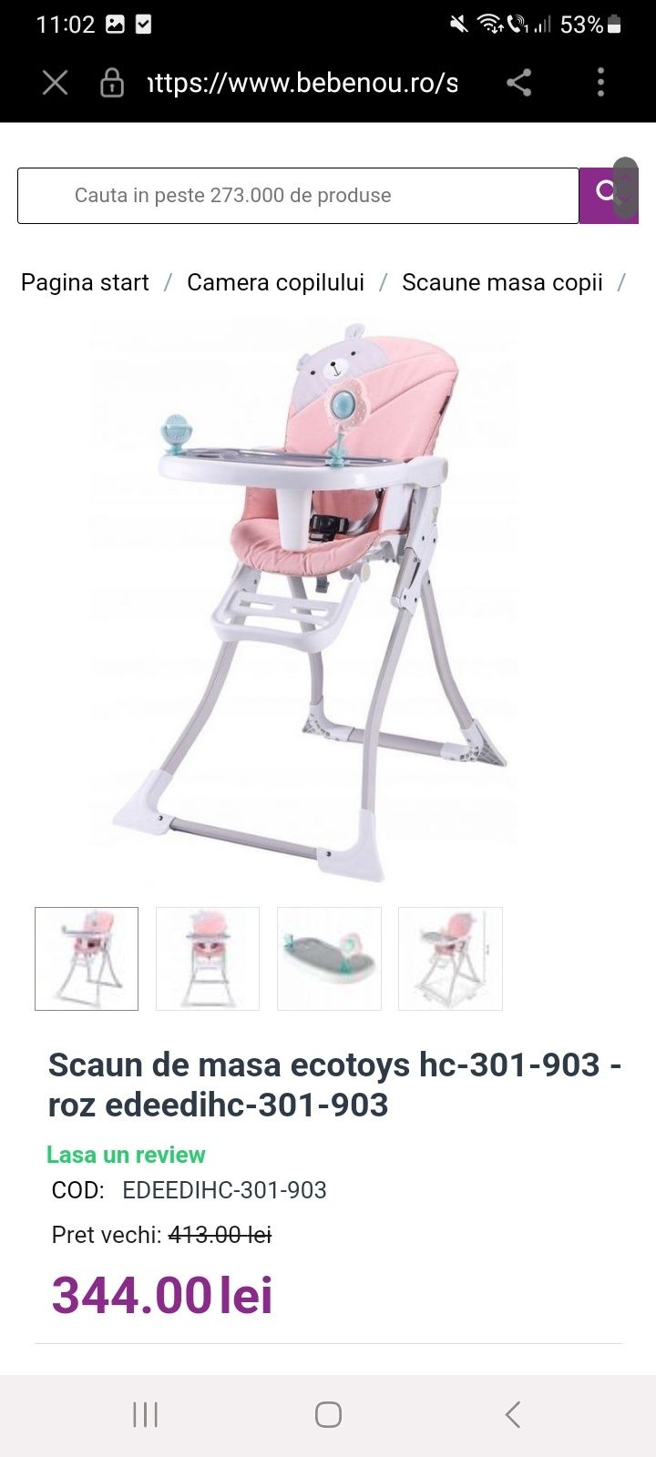 Scaun masa bebe  roz, puțin folosit