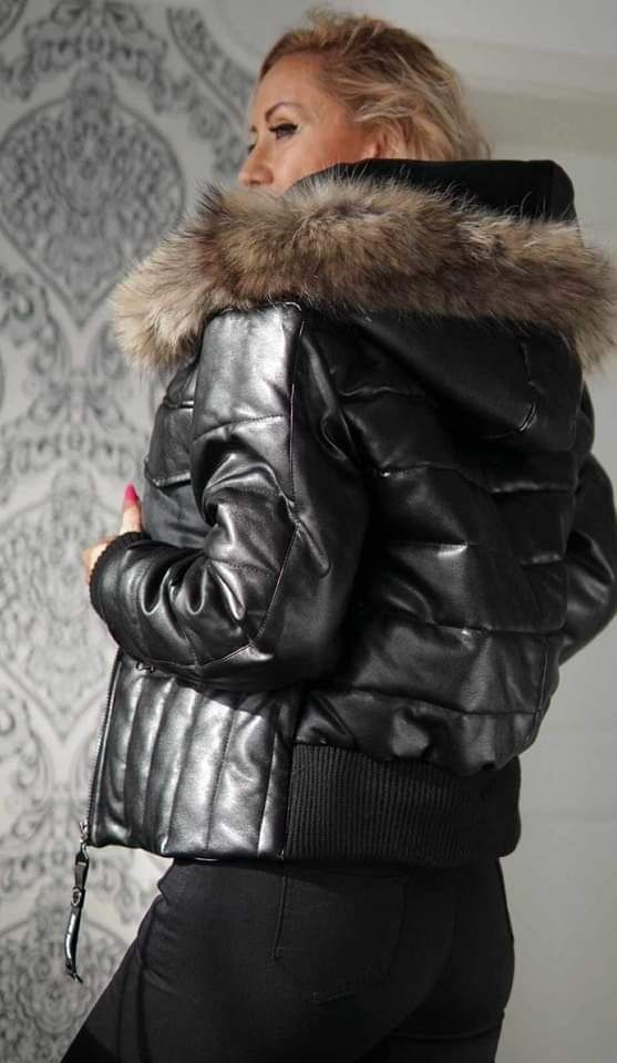 Дамско черно кожено яке Nazaro естествен пух косъм Christine Fashion