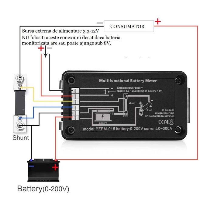 Wattmetru digital monitorizare nivel baterie DC 200V 300A