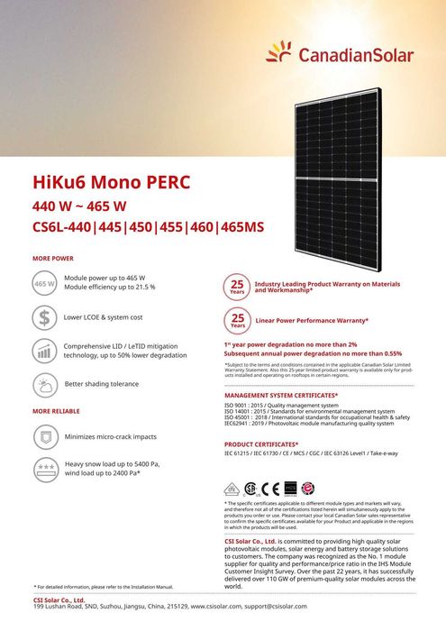 Panou fotovoltaic tip N 455 W Canadian Solar TOPHiKu6, CS6.2-48TD-455W