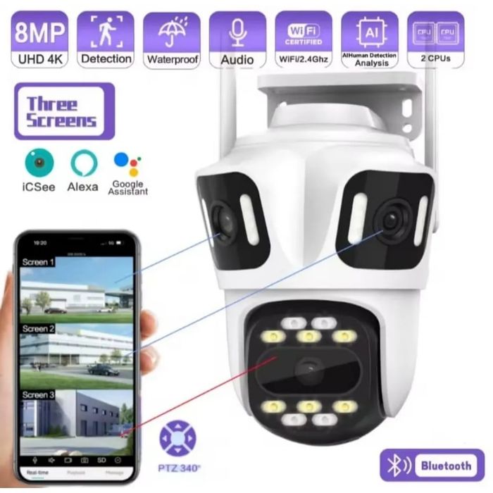 8MP Тройна професионална Wi-Fi камера за наблюдение,10X Zoom