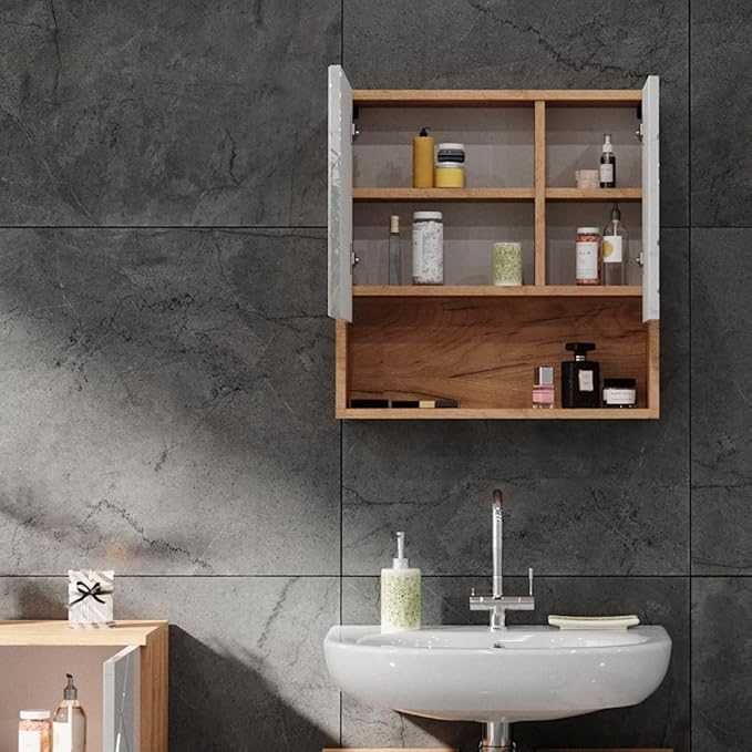 Шкаф с огледало за баня Vicco Ирма, дъб/бял гланц, 54 х 55 см