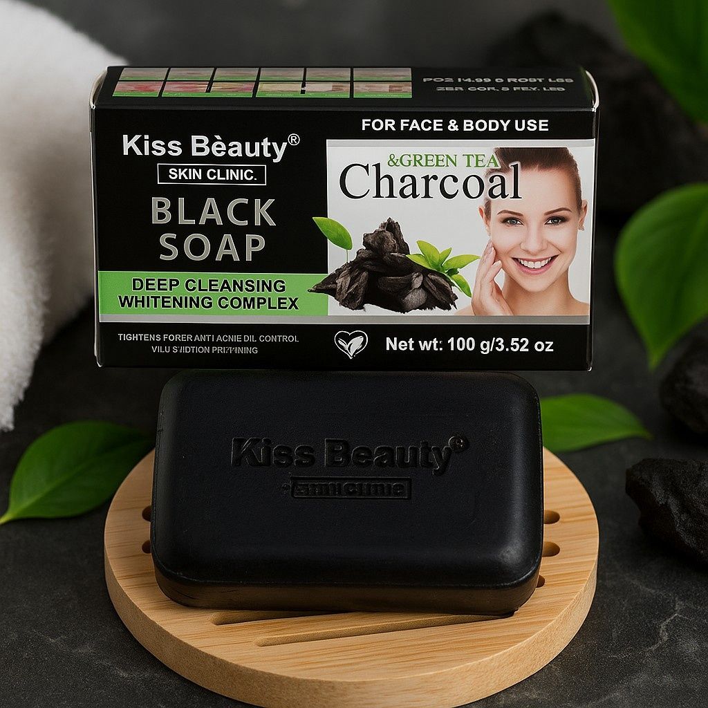 Сапун за лице и тяло с активен въглен и зелен чай – Kiss Beauty Black