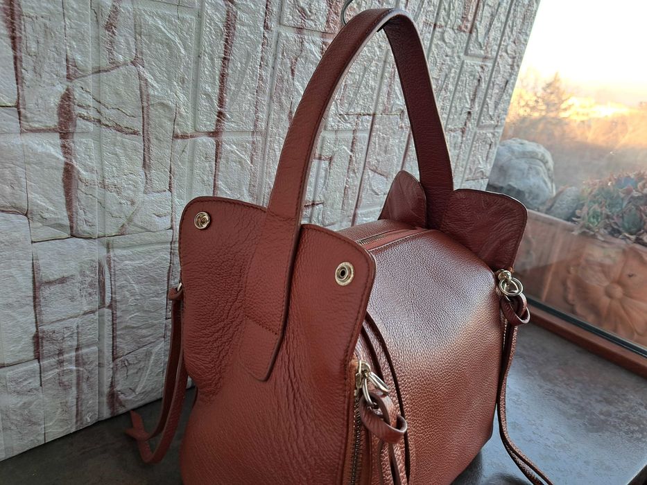 дамска чанта, кафява кожена-естествена кожа,