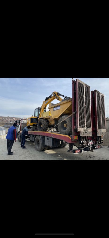 Transport utilaje cu trailer si camion cu macara