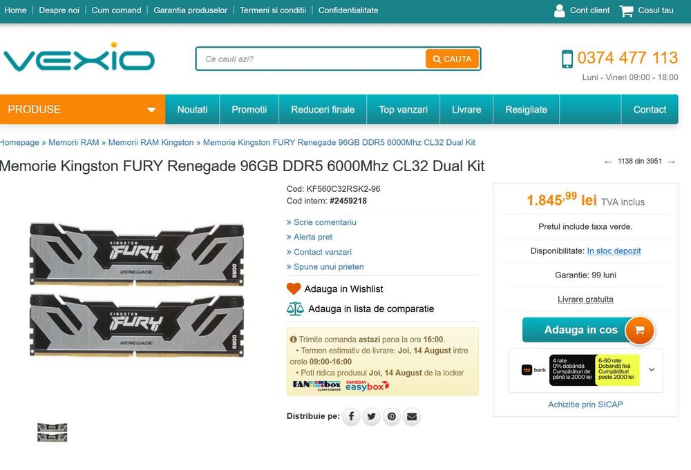 Memorie Kingston FURY Renegade 96GB DDR5 6000Mhz CL32 Dual Kit