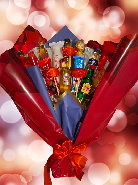 Buchet Cadou cu Băuturi Fine și Dulciuri Premium – Handmade