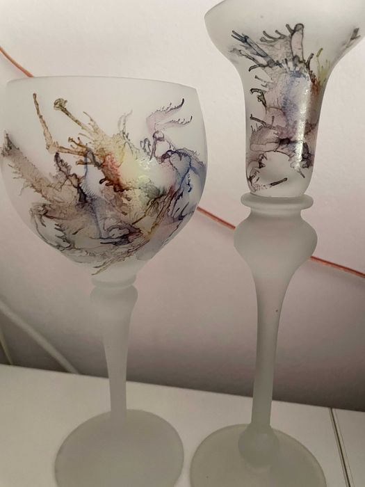 Vaza si sfesnic sticla fantezie handmade vintage impecabil 20/6cm