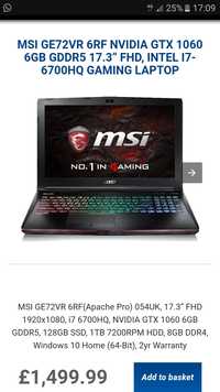 Laptop MSI (i7 6700hq, 16 GB Ram, GTX 1060 la 6GB)