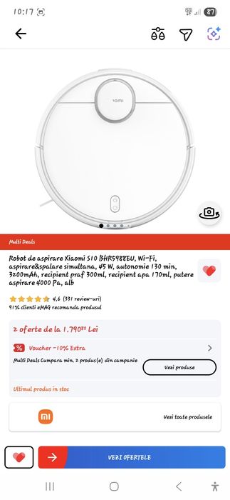 Robot de aspirare Xiaomi S10 BHR5988EU, Wi-Fi, aspirare&spalare