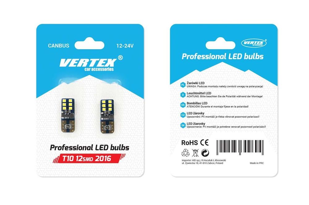 Bec de pozitie tip LED Canbus T10 W2.1x9.5 W5W, 12-24V 2W, 12SMD, culoare alb, Vertex, set 2 buc