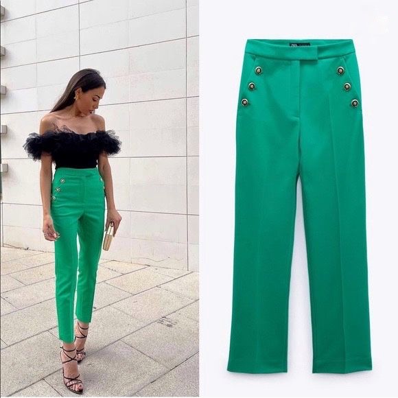 Pantaloni eleganți dama Zara, culoare verde Jad, marimea 34/XS